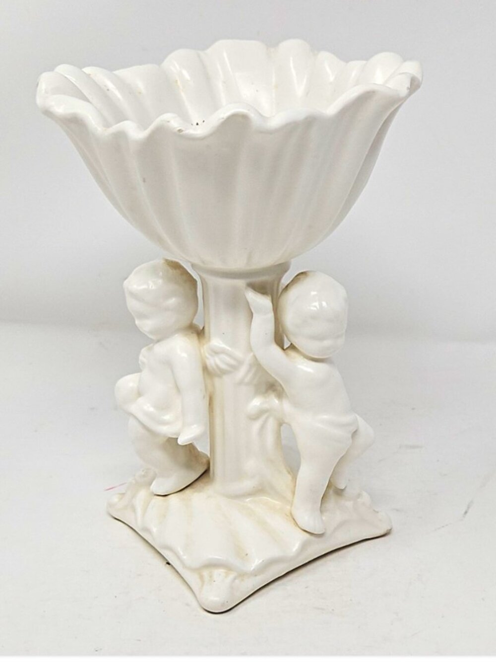 Vintage 1963 Inarco Matte White Cherubs Cupids Figural Pedestal Flower Frog Vase
